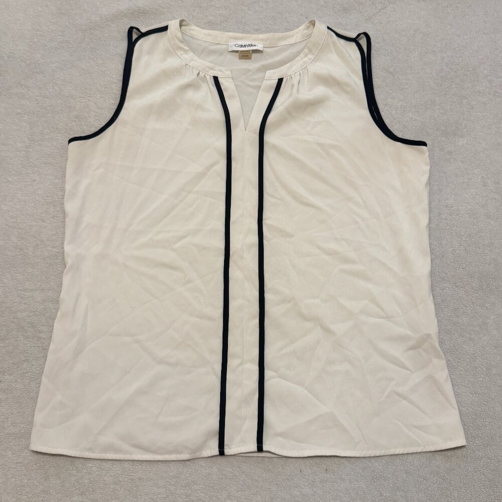 Calvin Klein Cream Sleeveless Top with Black Piping – Size Small